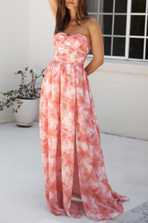 Floral Print Strapless High Slit Flowy Hem Maxi Dresses - Red